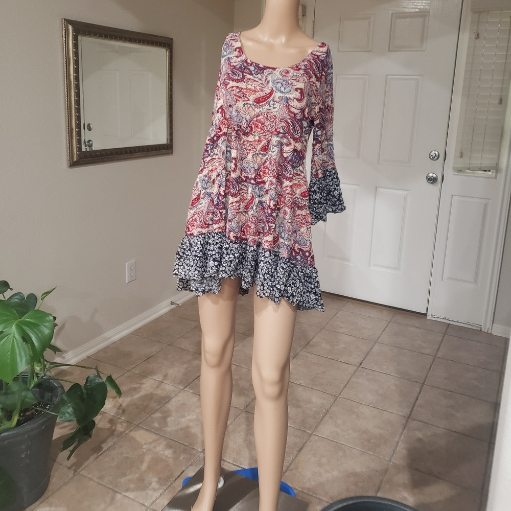 Kori America M mixed media ruffle hems bell sleeve mini dress/oversized top